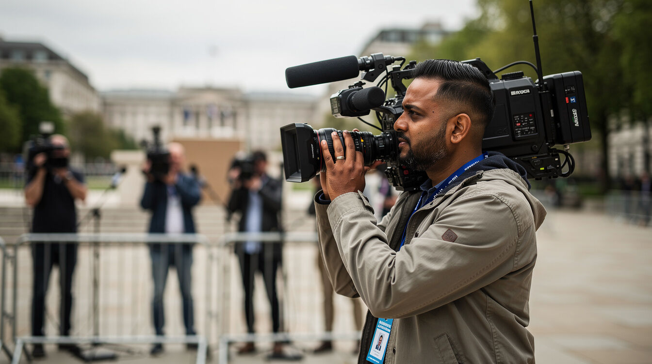 Broadcast camera operator filming a press conference with a shoulder-mounted camera