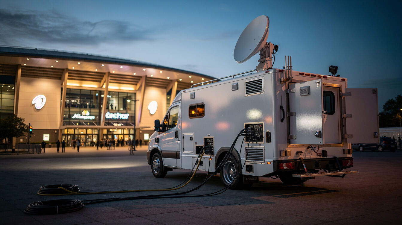 Satellite uplink dish mounted on an outside broadcast van