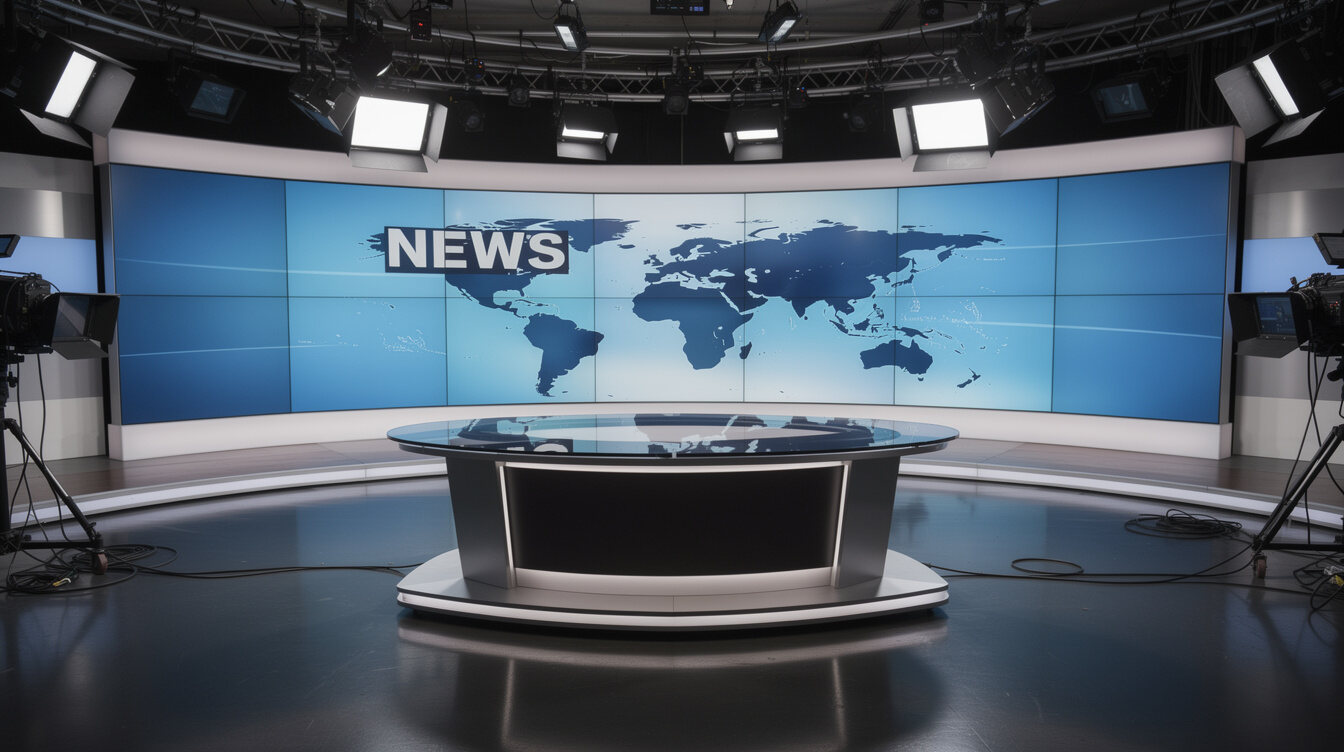 Television news studio set with anchor desk and studio lighting