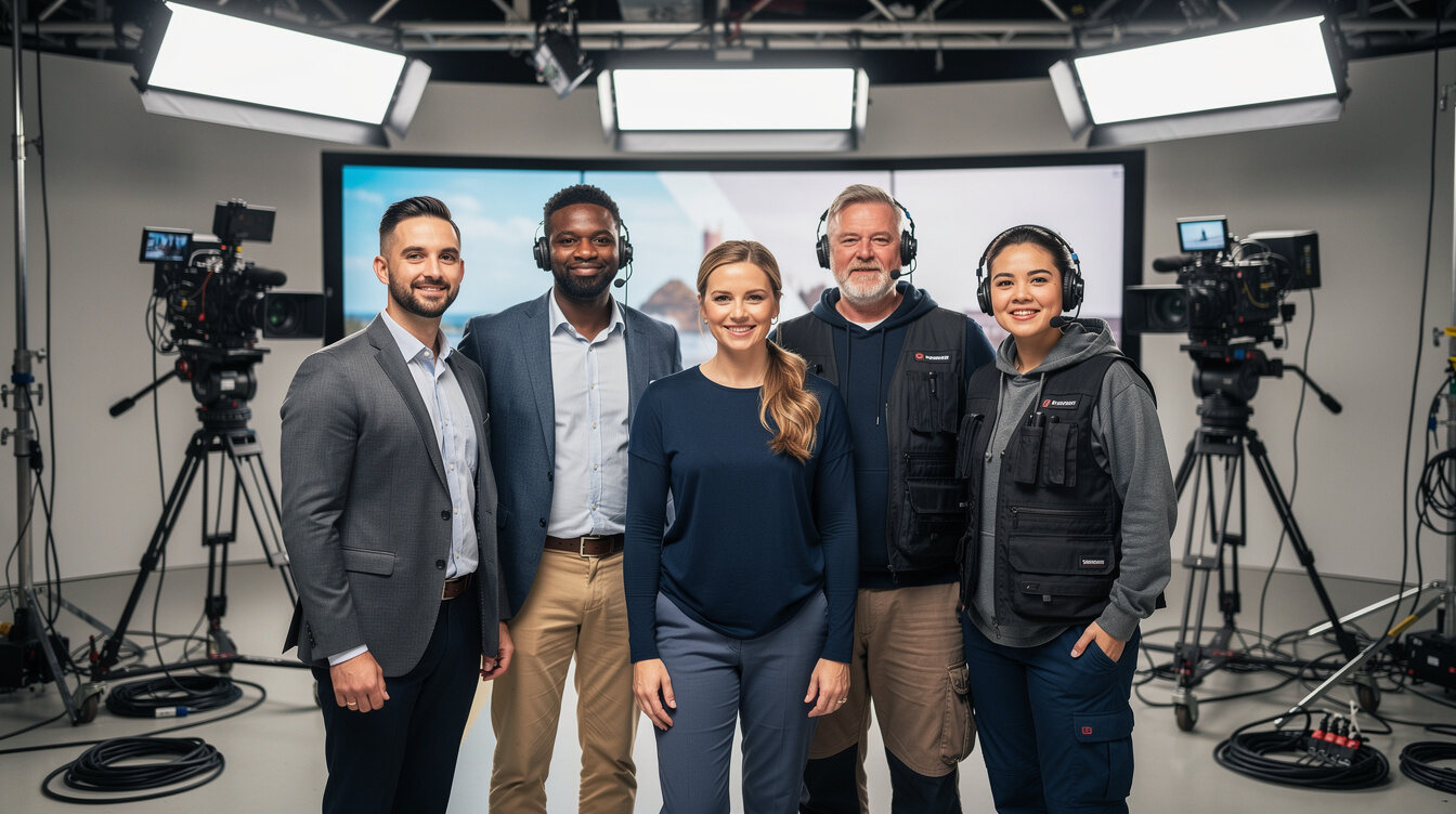 Diverse broadcast production team standing together in a television studio