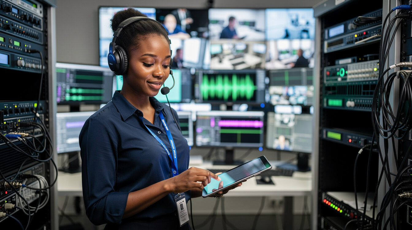 Broadcast engineer monitoring live signal quality on rack-mounted equipment