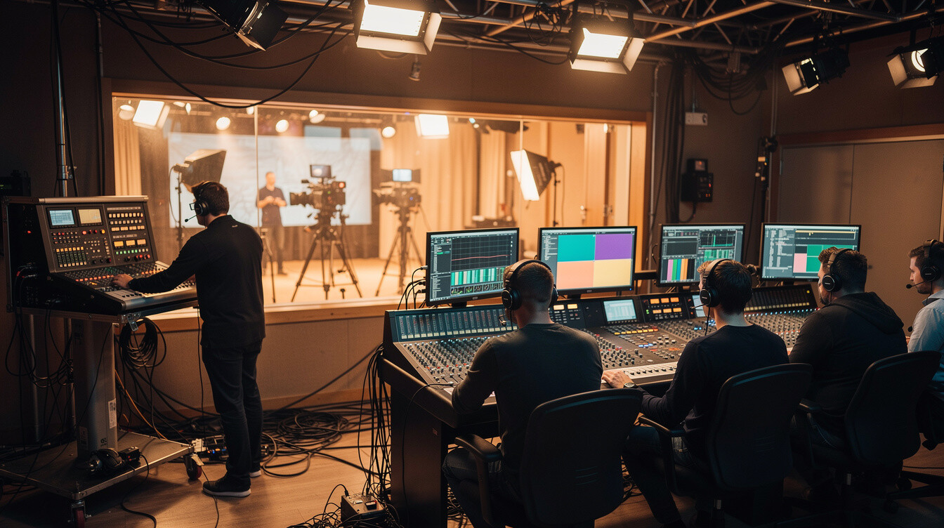 Gallery crew operating lighting and sound desks behind a TV studio set