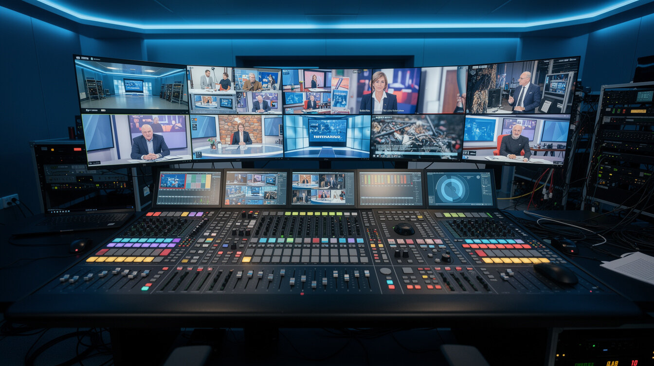 Broadcast vision mixing desk with multiple live camera feeds on monitors